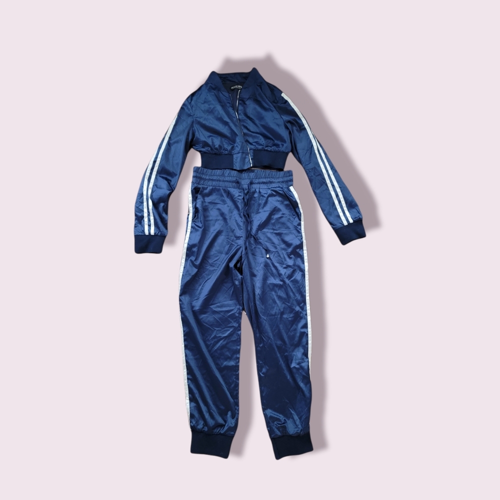 Satin Stripped Navy Tracksuit Set 💙
